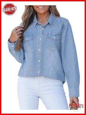 Long Sleeve Button Down Chambray Shirt Women Casual Collared Jean Top